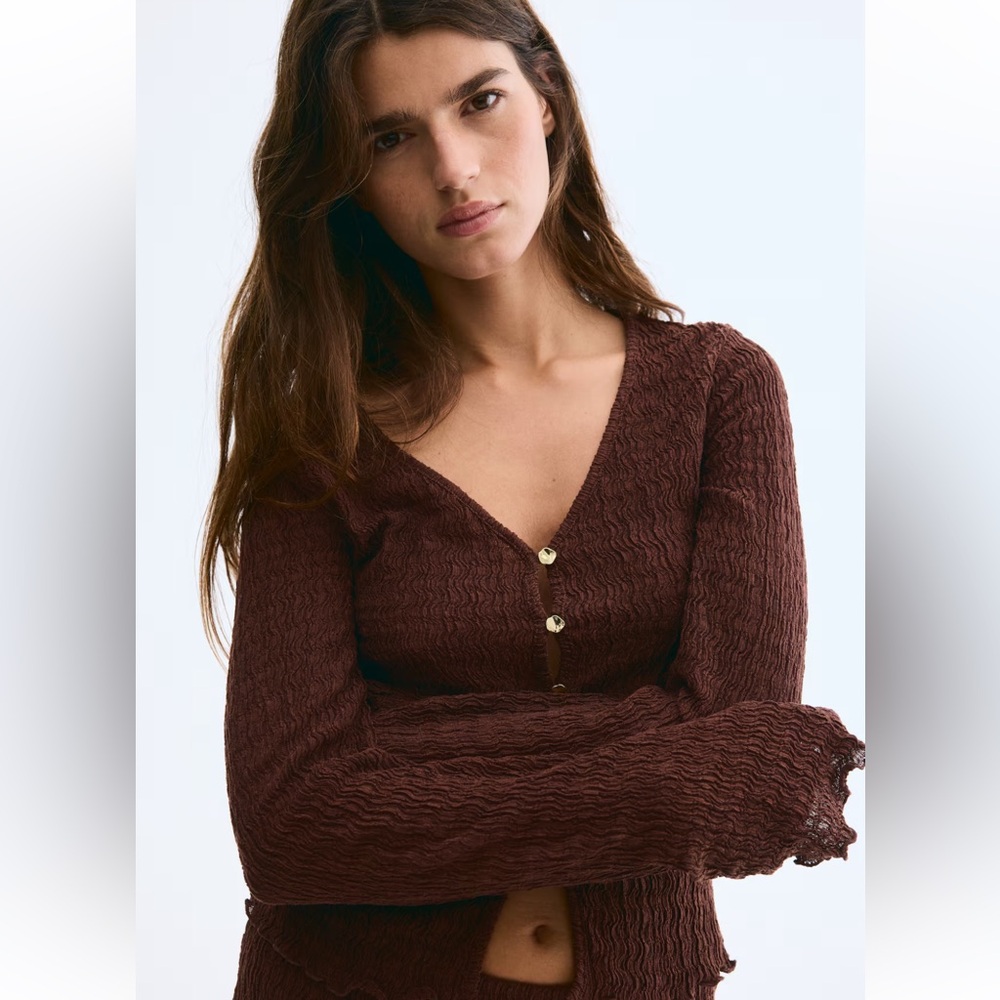 Elegant Brown crinkled Button-Up Women's Top with ruffle trim h and m